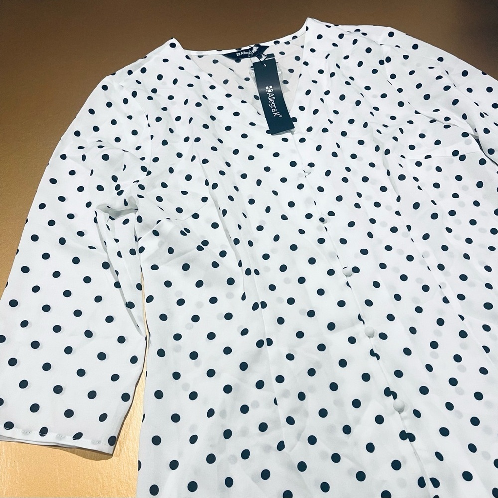 Allegra K Polka Dot White Black Button Down Blouse Size Medium